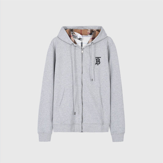 Burberry Heather Grey TB Monogram Embroidered Zip Up Hoodie Check Lined Hood Unisex