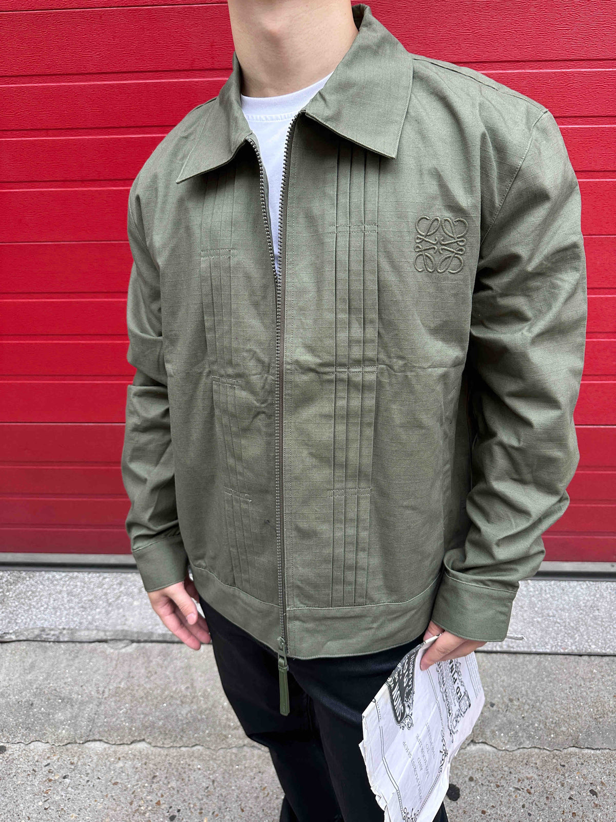 Loewe Army Green Pleated Collared Jacket Anagram Embroidery Zip Up Coat