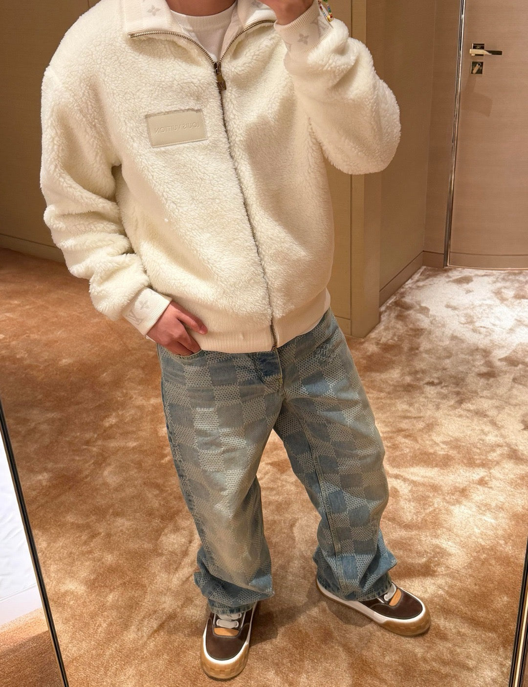 LV Monogram Cuff Sherpa Fleece Full Zip Warm Jacket Unisex Off White