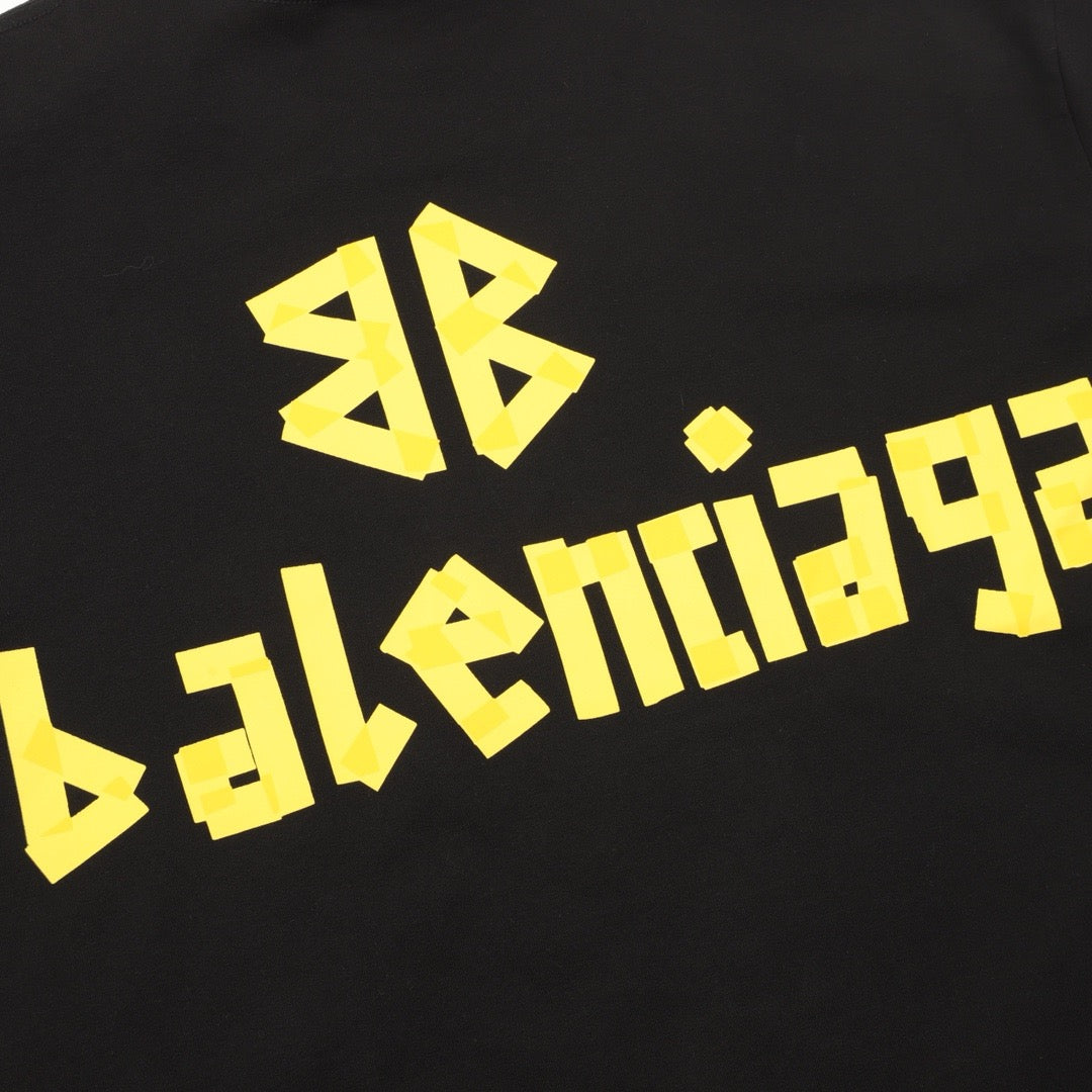Balenciaga Tape Print Logo Long Sleeve Top Oversized Casual Shirt Unisex Black with Yellow Tape Print