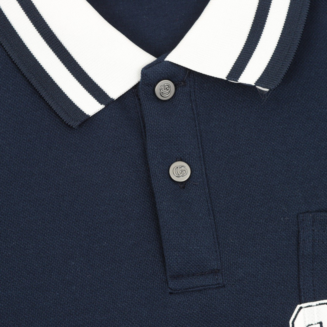 Gucci University Logo Long Sleeve Polo Shirt – Navy with Striped Collar