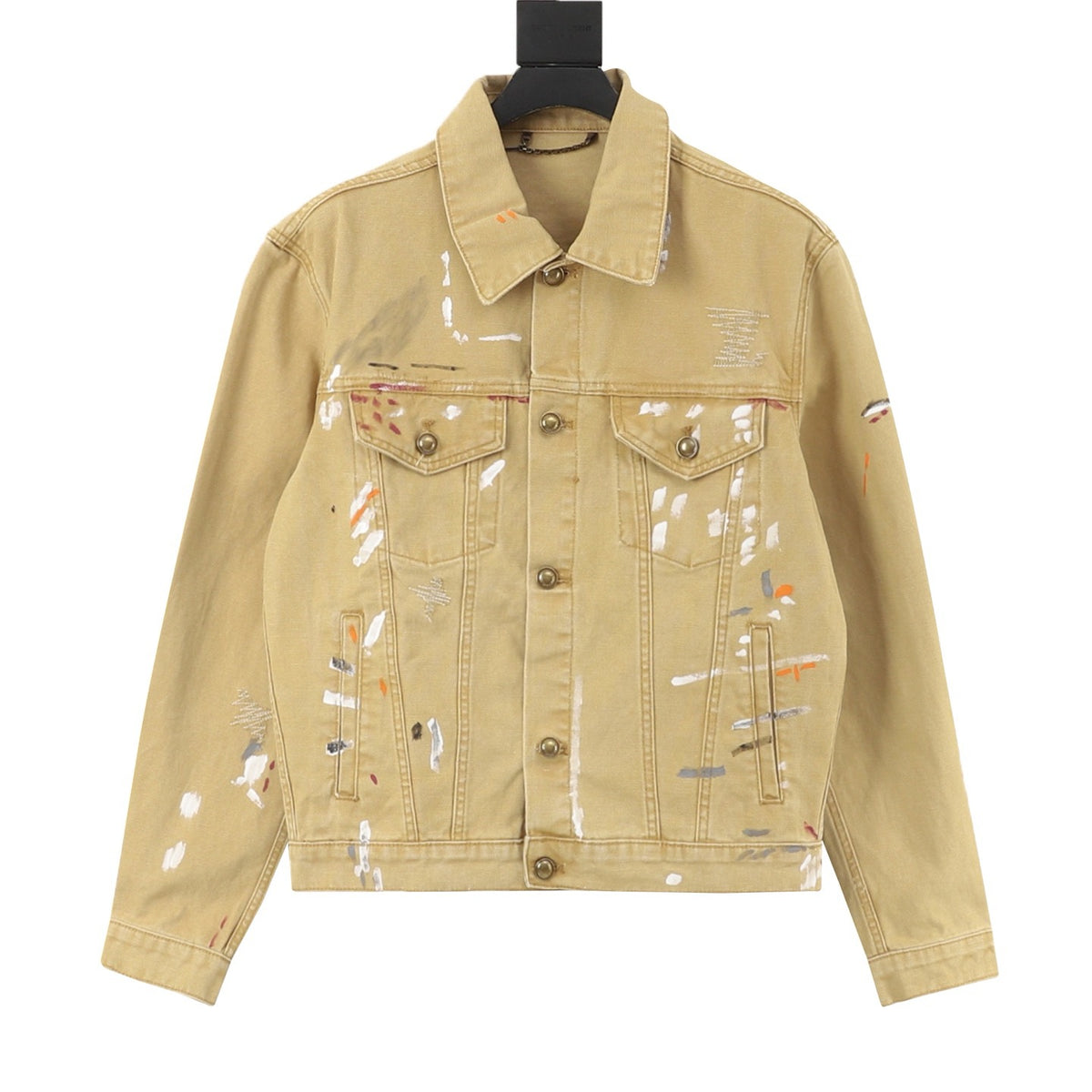Louis Vuitton Paint Splatter Trucker Jacket Unisex Luxury Distressed Denim Coat Khaki