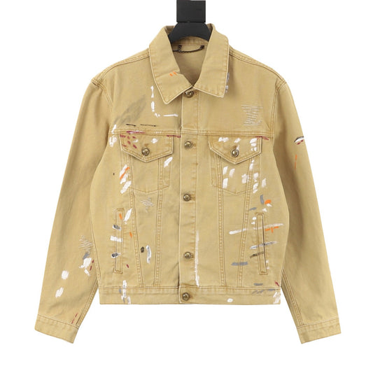 Louis Vuitton Paint Splatter Trucker Jacket Unisex Luxury Distressed Denim Coat Khaki
