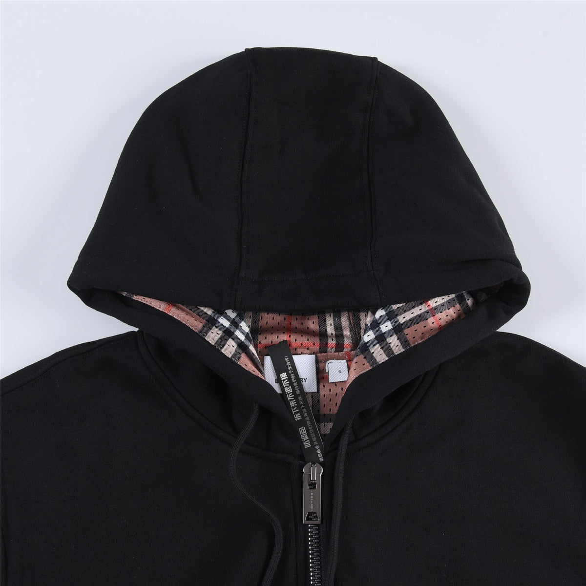 Burberry Black Square Logo Label Zip Up Hoodie Check Lined Hood Unisex