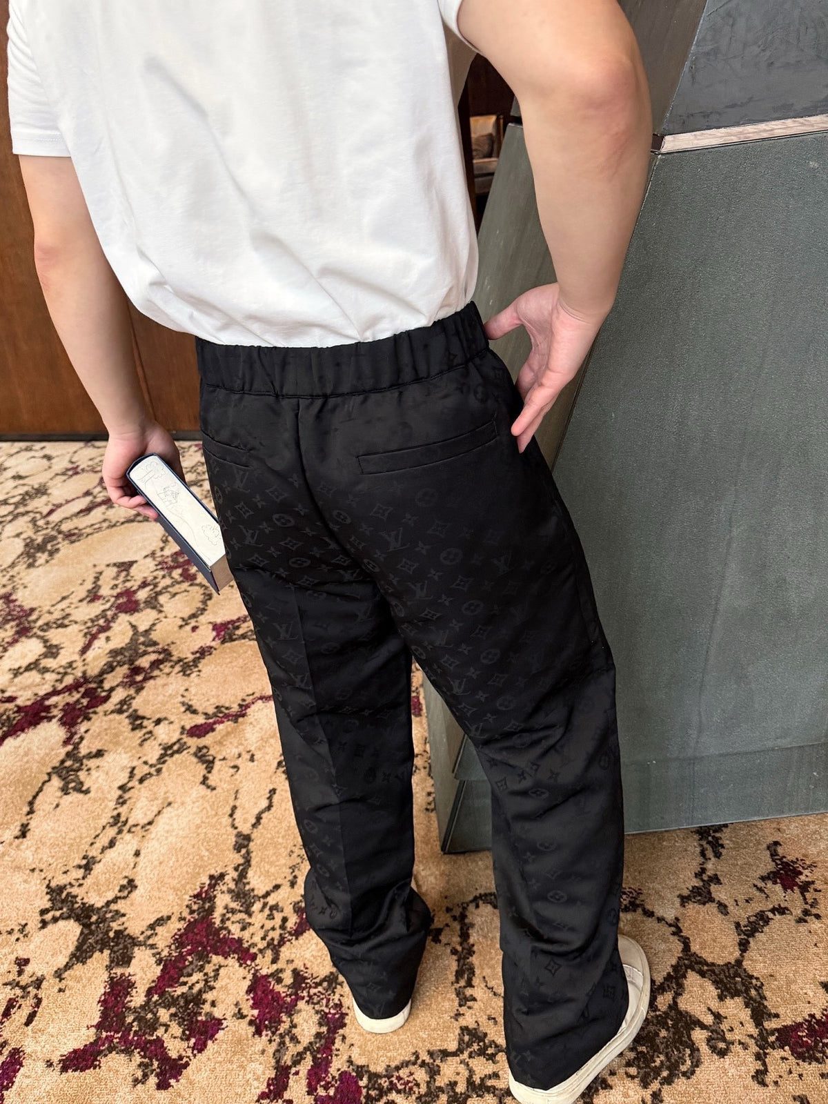 LV Black Allover Monogram Jacquard Straight Leg Pants Unisex Designer Trousers