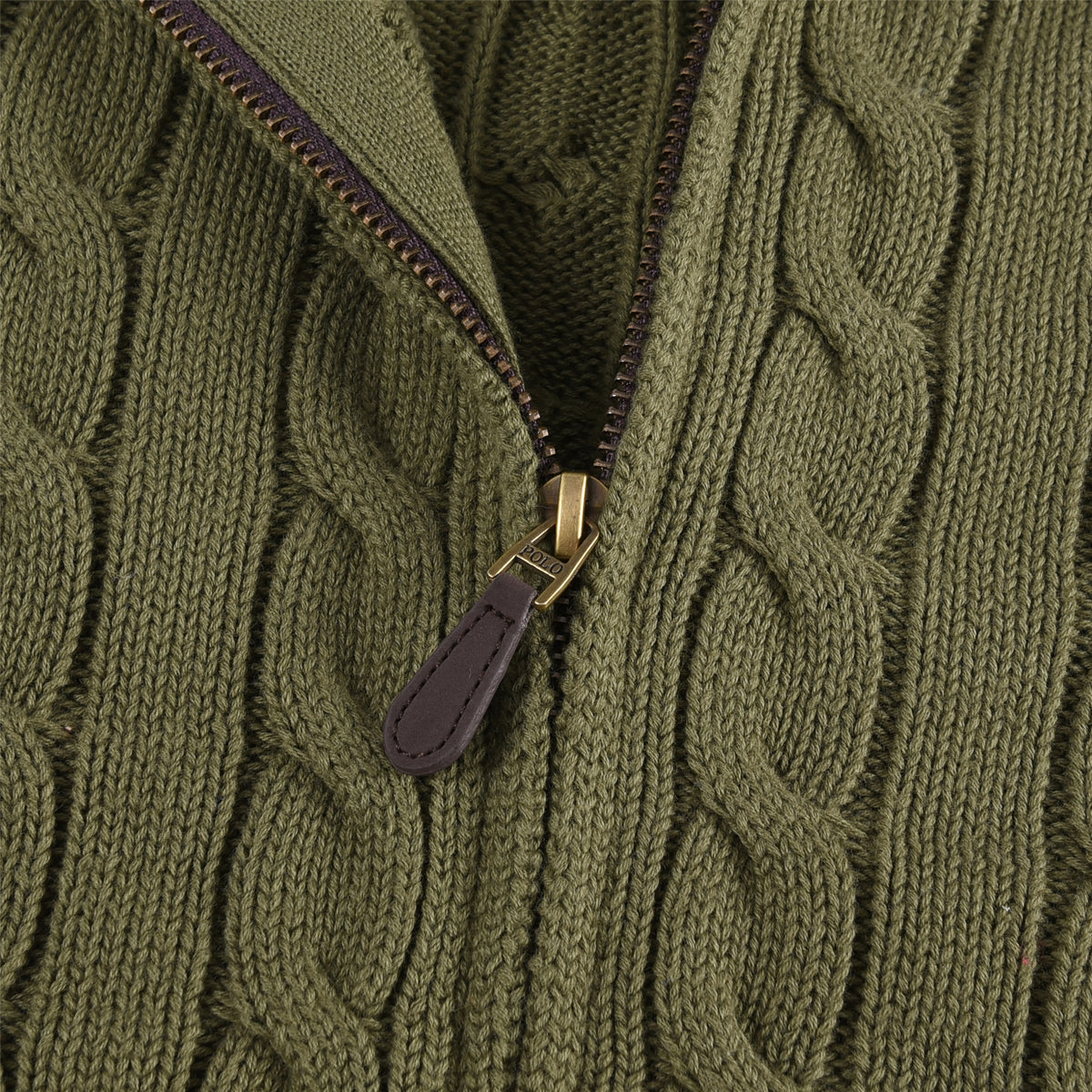 Polo Ralph Lauren Olive Green Cable Knit Full Zip Sweater White Pony Logo Unisex