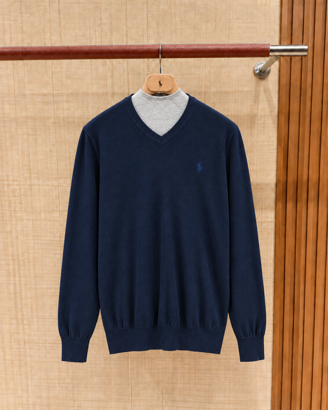 Polo Ralph Lauren Navy V-Neck Jacquard Knit Sweater Subtle Pony Logo Pullover Unisex