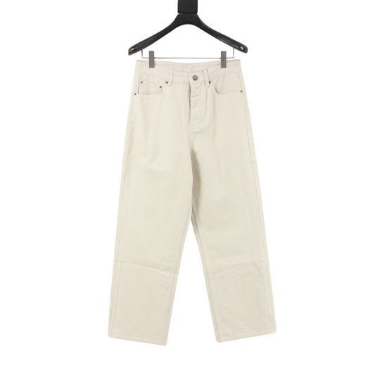 Louis Vuitton Full Textured Monogram Wide Leg Casual Jean Cream Off Whites Streetwear Unisex